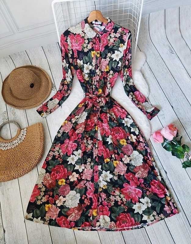 Reserved Sukienka Koszulowa Szmizjerka Wiązana Kwiaty Boho Hippie Folk