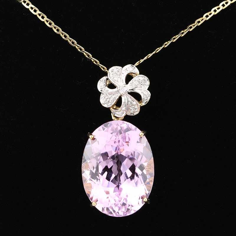 Złota zawieszka z dużym ametystem i diamentami na łańcuszku 42cm 9K