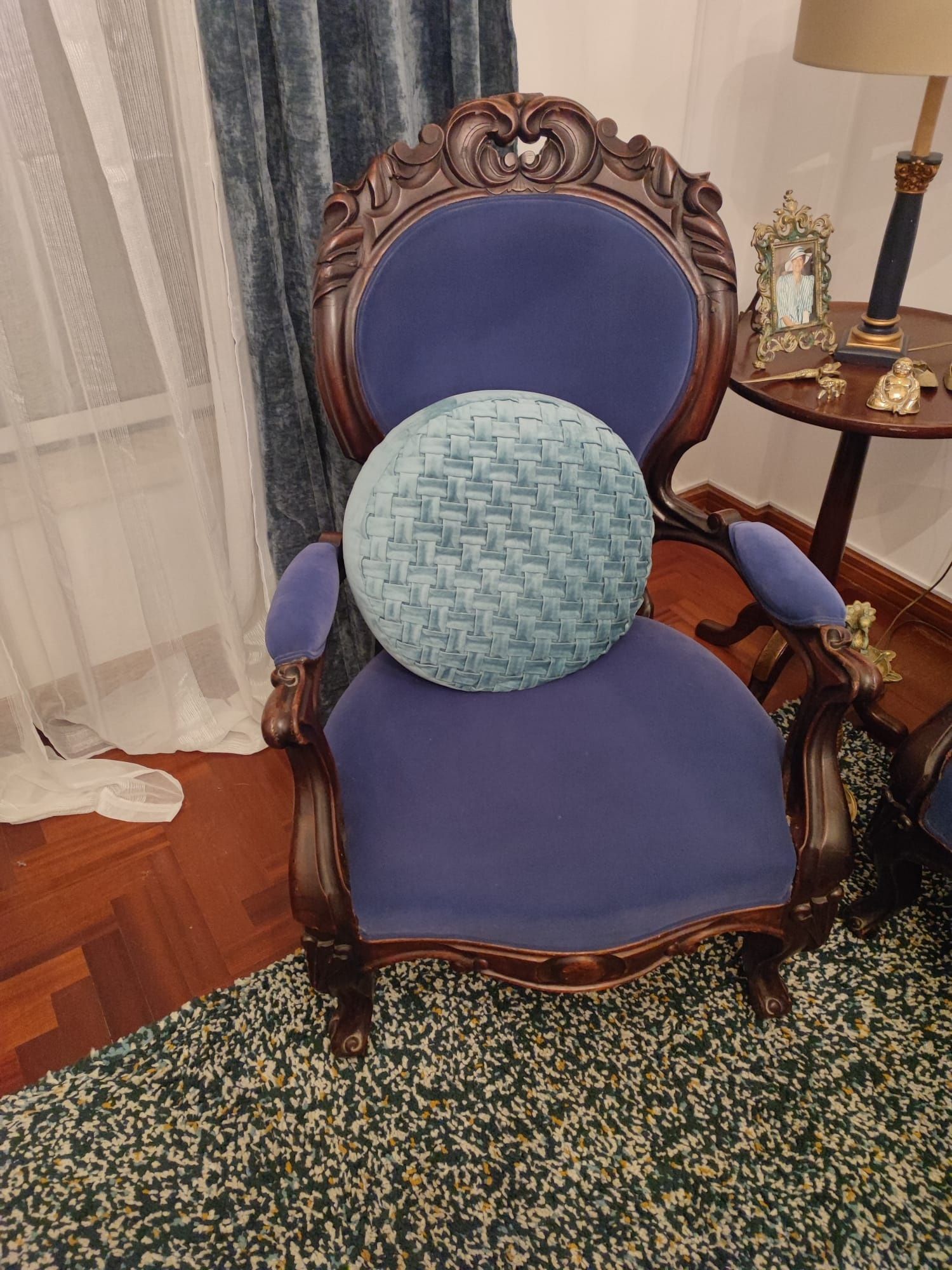 Sofá vintage azul escuro com 2 poltronas