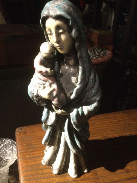 Escultura Modernista Nossa Senhora Menino Terracota 29 cm Arte Sácra