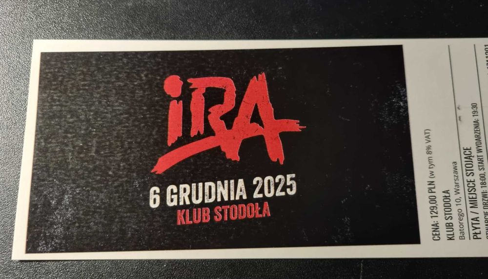 Bilet na koncert IRA 6 grudnia Klub Stodoła