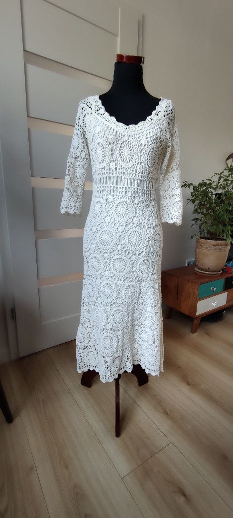 Biała letnia sukienka ażurowa z podszewką M 38 L 40 Principles boho