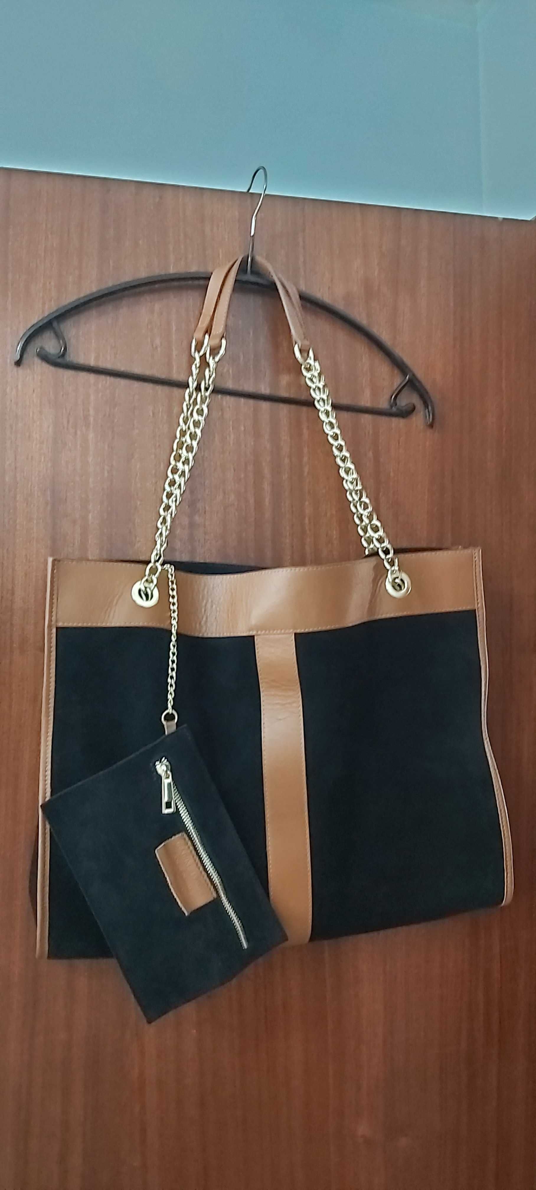 Mala shopper em pele genuína(preto e camel). Marca "Eureka"