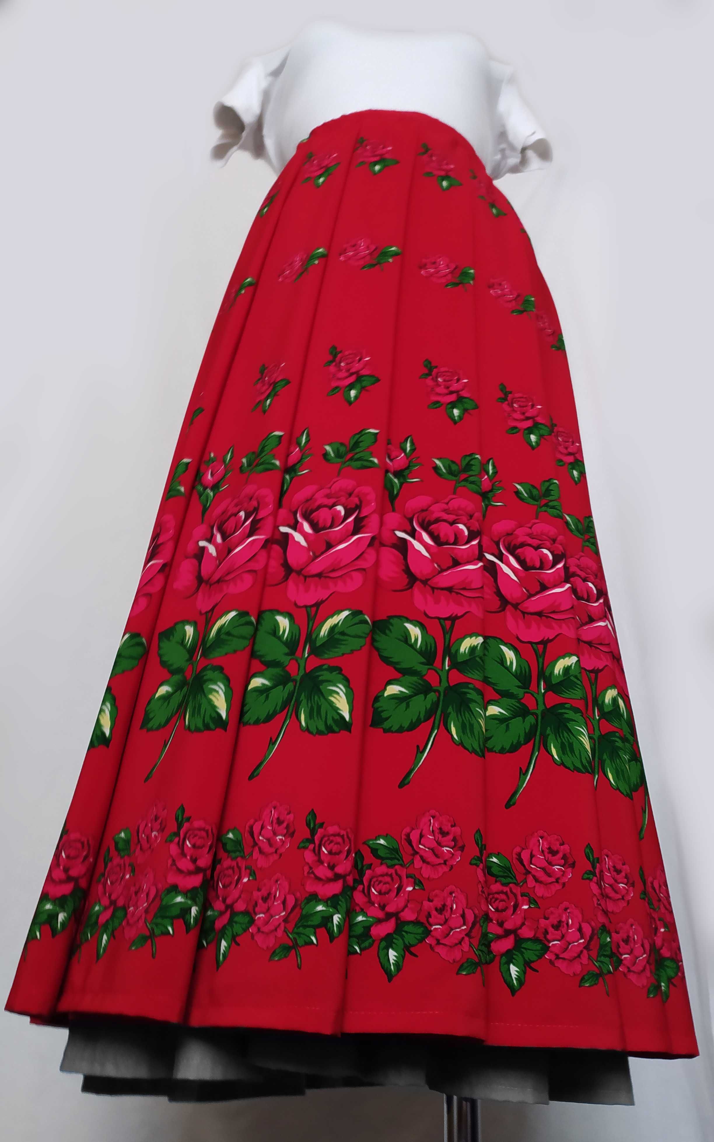 Tradycyjna spódnica góralska duże róże kolor biały czerwony szafirowy