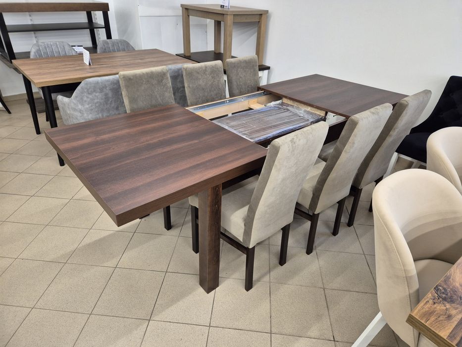 Nowy zestaw, stół 160/240/90 + 6 krzeseł, ciemny orzech