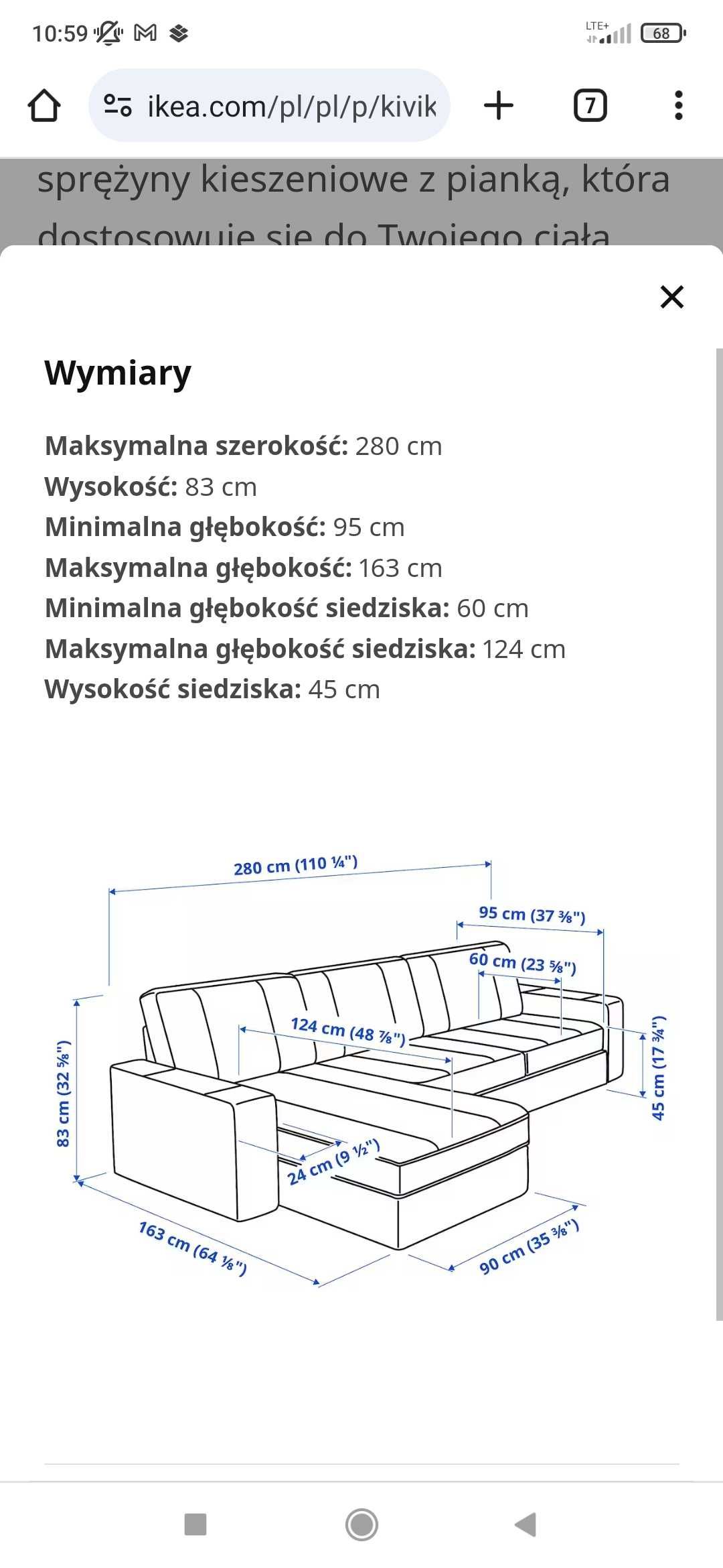 Sofa Kivik IKEA 3-osobowa z szezlągiem