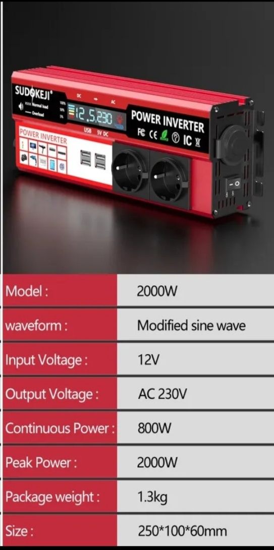 NOWA solidna przetwornica napięcia 12V 230V 2000W USB LCD iinwerter