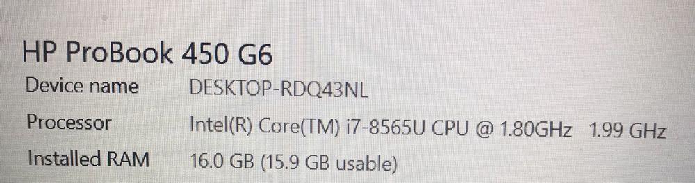 HP ProBook 450 G6 Intel Core i7, 16 GB RAM, 256 GB SSD