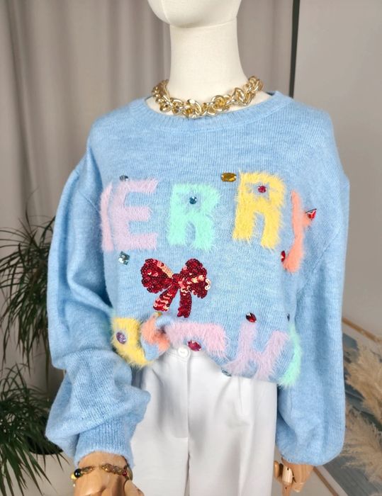 Niebieski sweter świąteczny kolorowe napisy śliczny oversize L