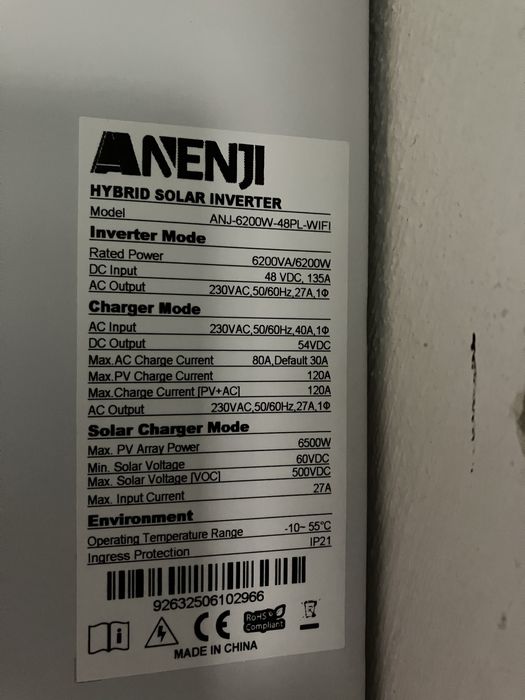 Anenji 6.2 kWt parallel ANJ-6200W-48PL-WiFi
