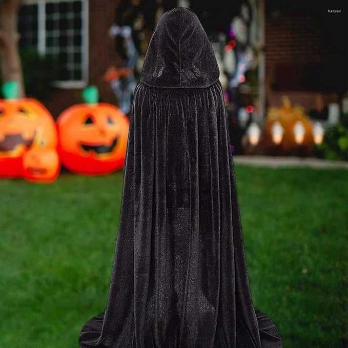 Czarna peleryna na Halloween z kapturem, aksamitna, 190 cm