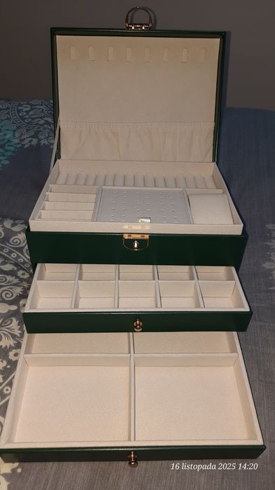 Szkatułka na biżuterię 3 poziomowa, butelkowa zieleń