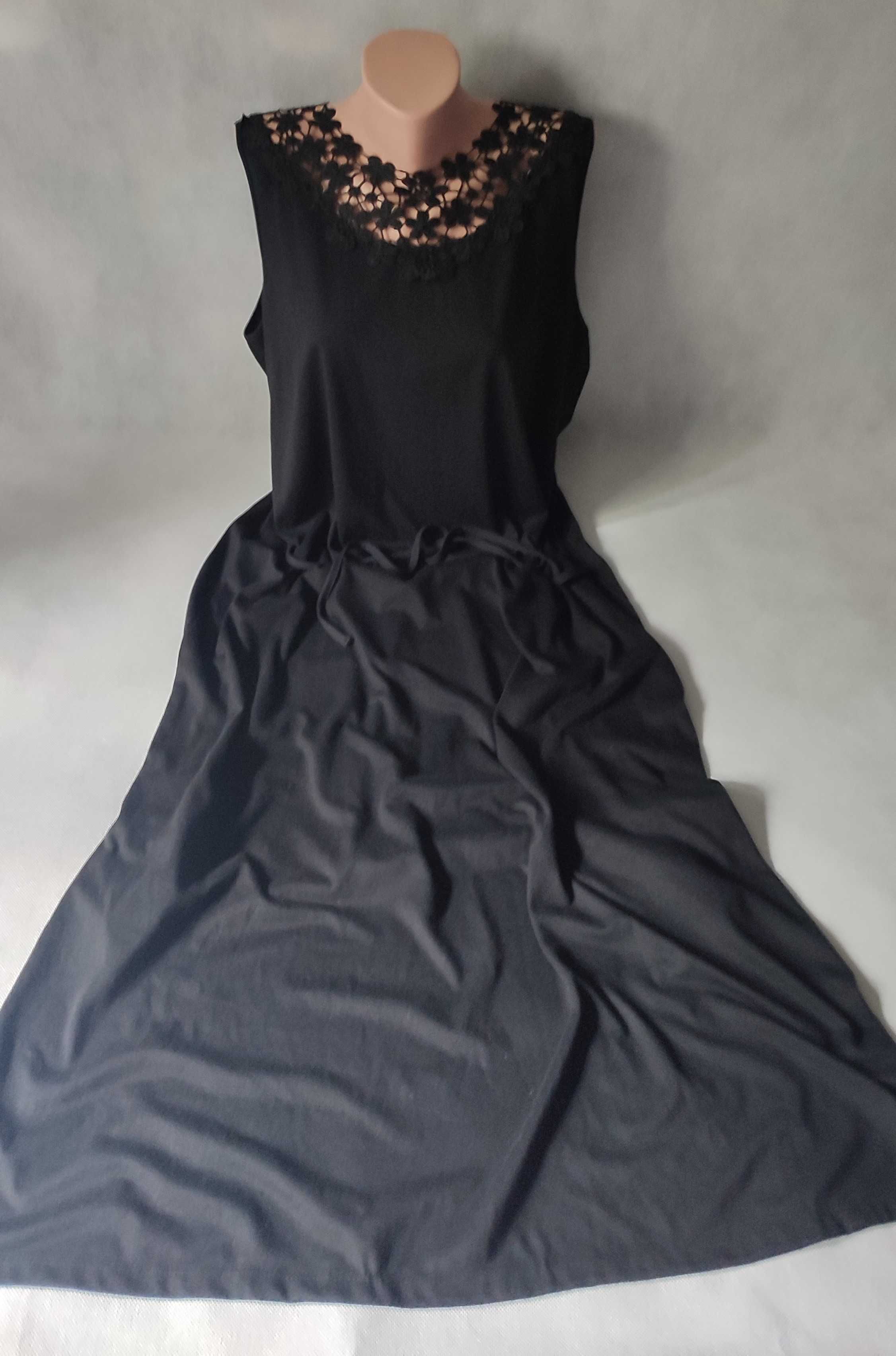 Sukienka długa maxi bez rękawów plus size ozdobny dekolt z koronki 46
