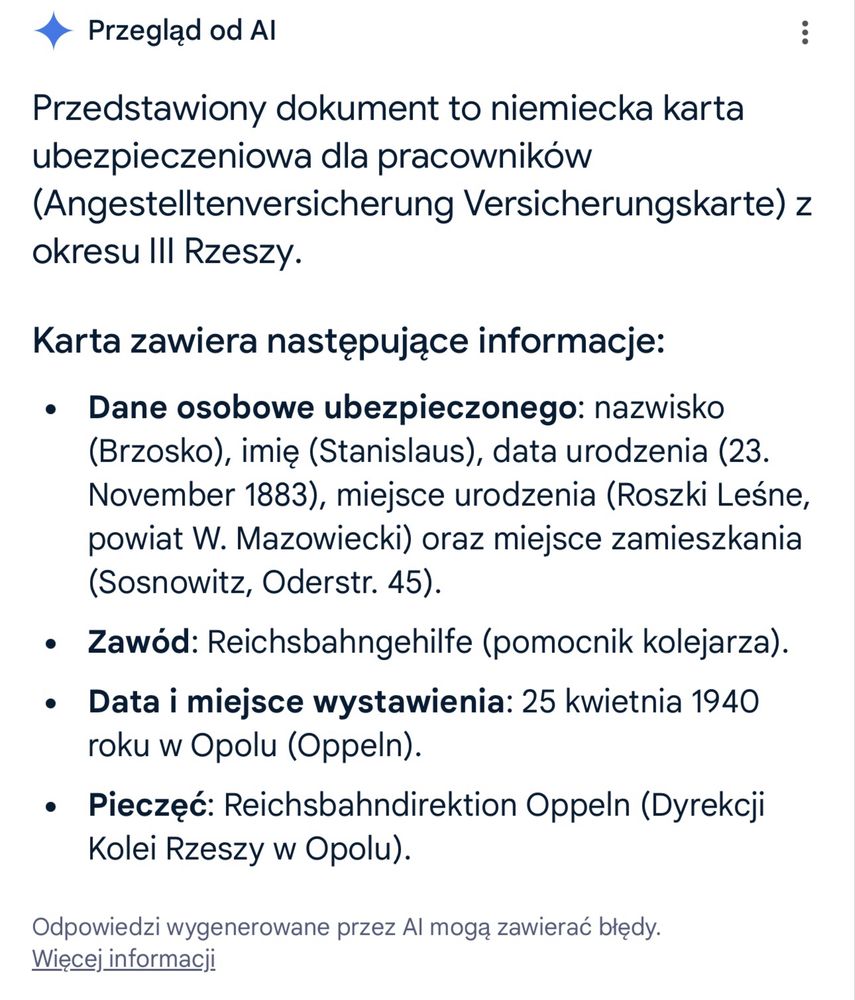 Stara niemiecka karta ubezpieczeniowa pracownika Opole Oppeln 1940 rok