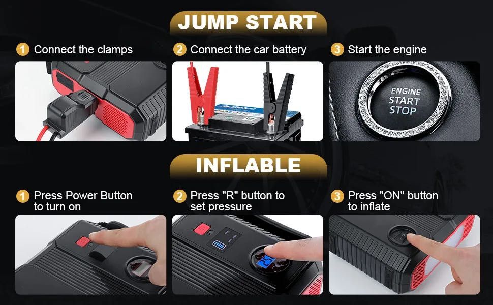 Jump Starter 4 em 1 com Inflador de Ar * 12V * 3000A