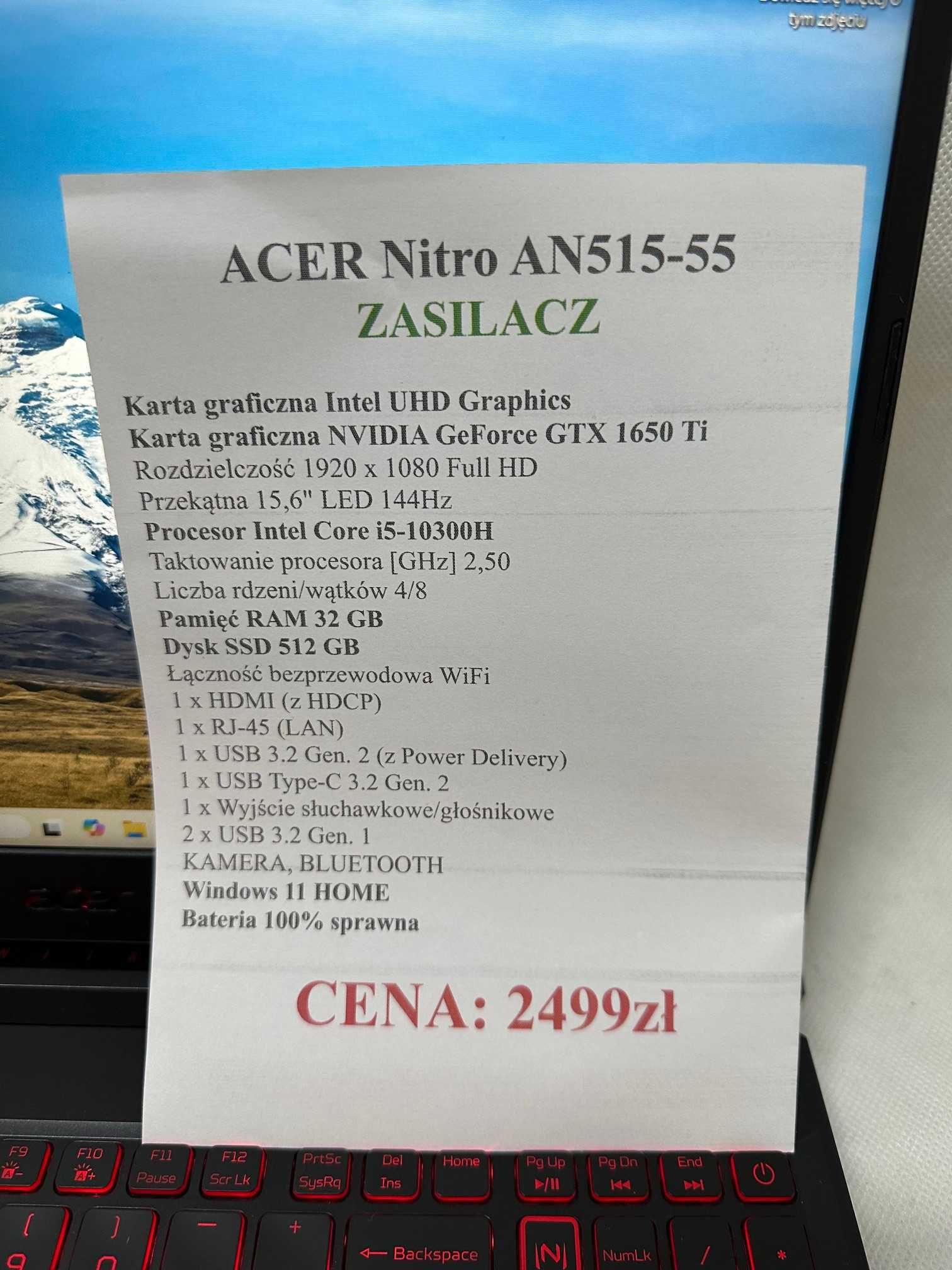 Laptop Gamingowy ACER Nitro AN515-55  - Core i5, RAM32gb, GTX1650, SSD