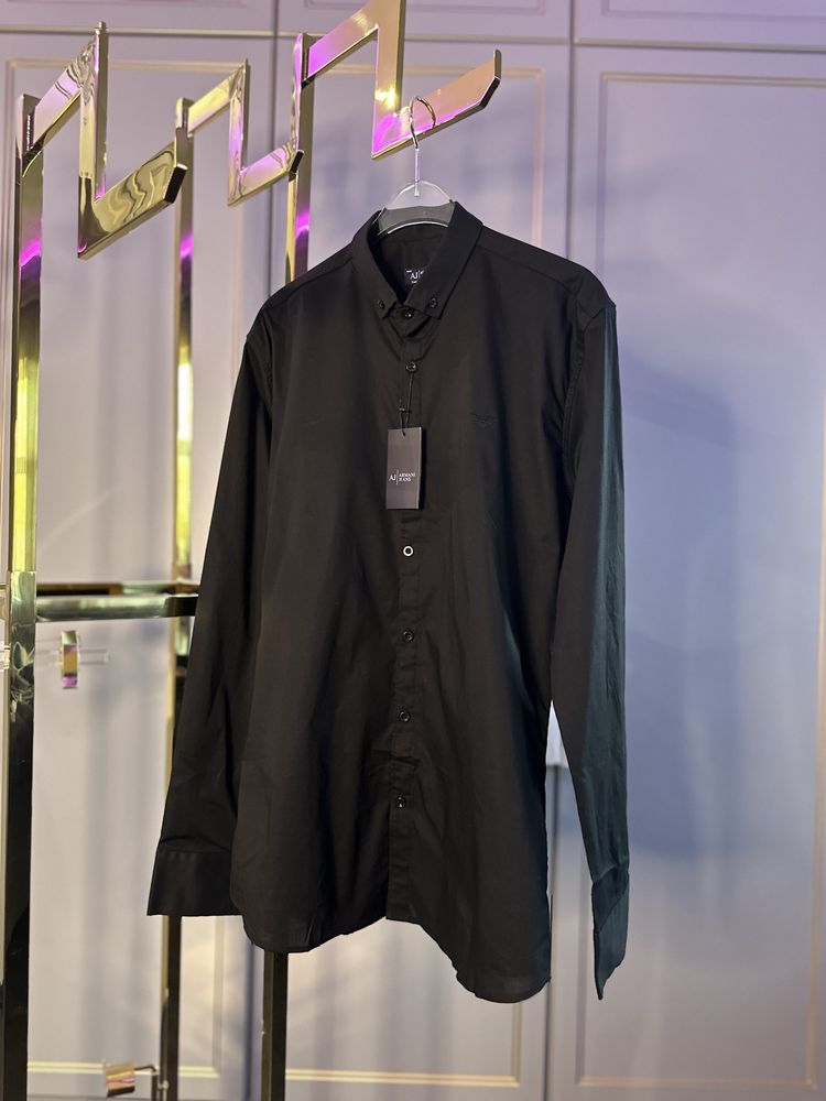 Мужская черная рубашка с длинным рукавом armani армани хлопок