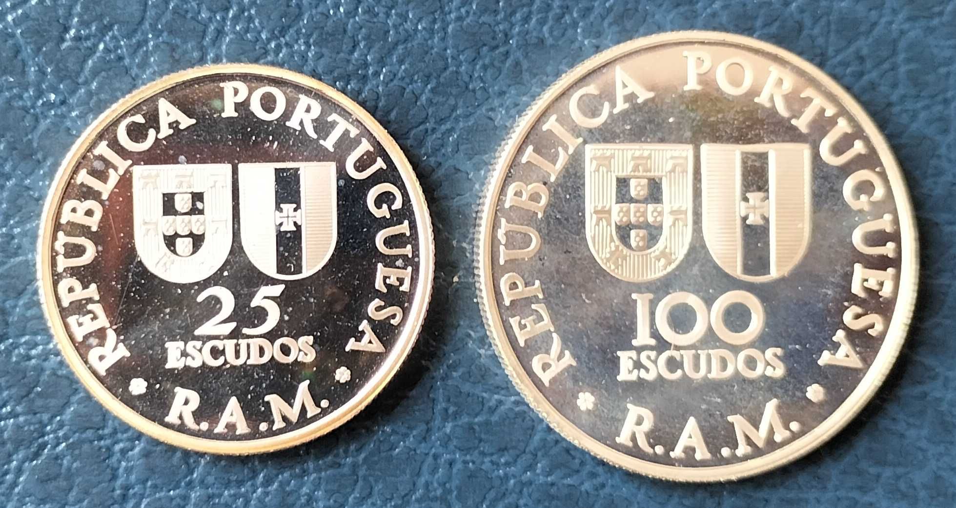 Estojo Duplo Autonomia Madeira 25$ + 100$ Prata Proof Estado Novo