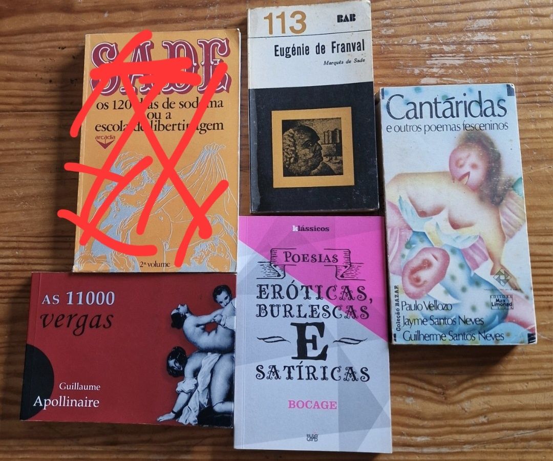 Livros de Marquês de Sade, Apollinaire, Bocage e Velloz "Cantáritas"