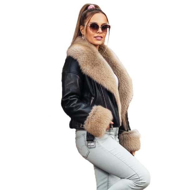 KURTKA Skórzana Zimowa Damska FUTERKO OCIEPLANA Eko Ramoneska Czarna