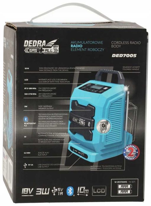 RADIO PRZENOŚNE budowlane Dedra SAS+ALL + aku 2Ah AUX USB Powerbank