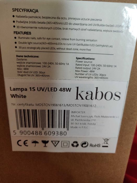Lampa Kabos 1S UV/LED 48W White. Nowa do hybryd, żeli i akrylożeli