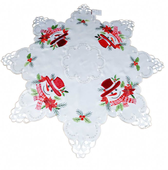 Obrus świąteczny z bałwankiem gwiazda 85x85 cm haftowany biały Święta