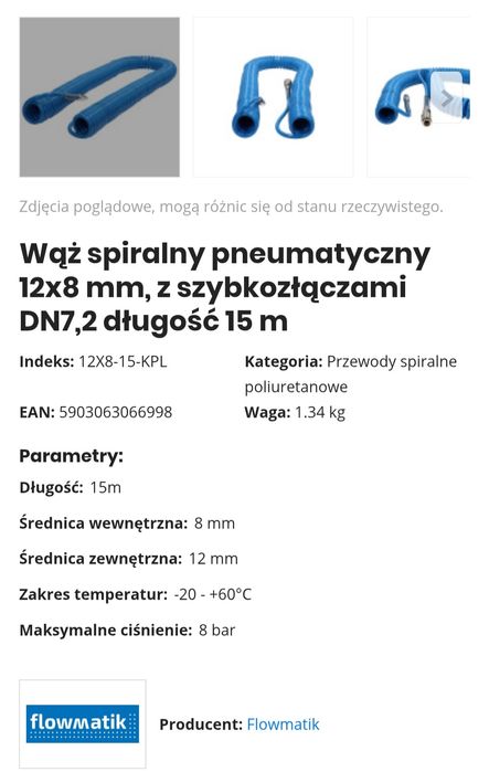 Przewód pneumatyczny spiralny 12x8mm 15 metrów.