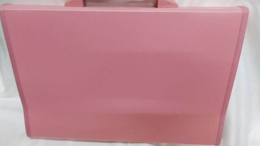 Пластиковый портфель розового цвета.