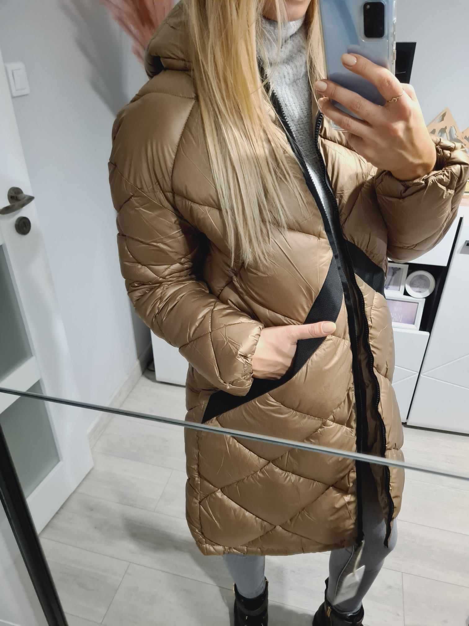 kurtka zimowa puffer jacket beżowa pikowana płaszcz lampasy puchowa