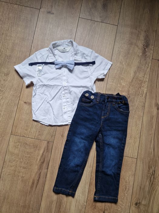 Elegancki zestaw 92cm koszula Mucha H&M jeansy 92cm