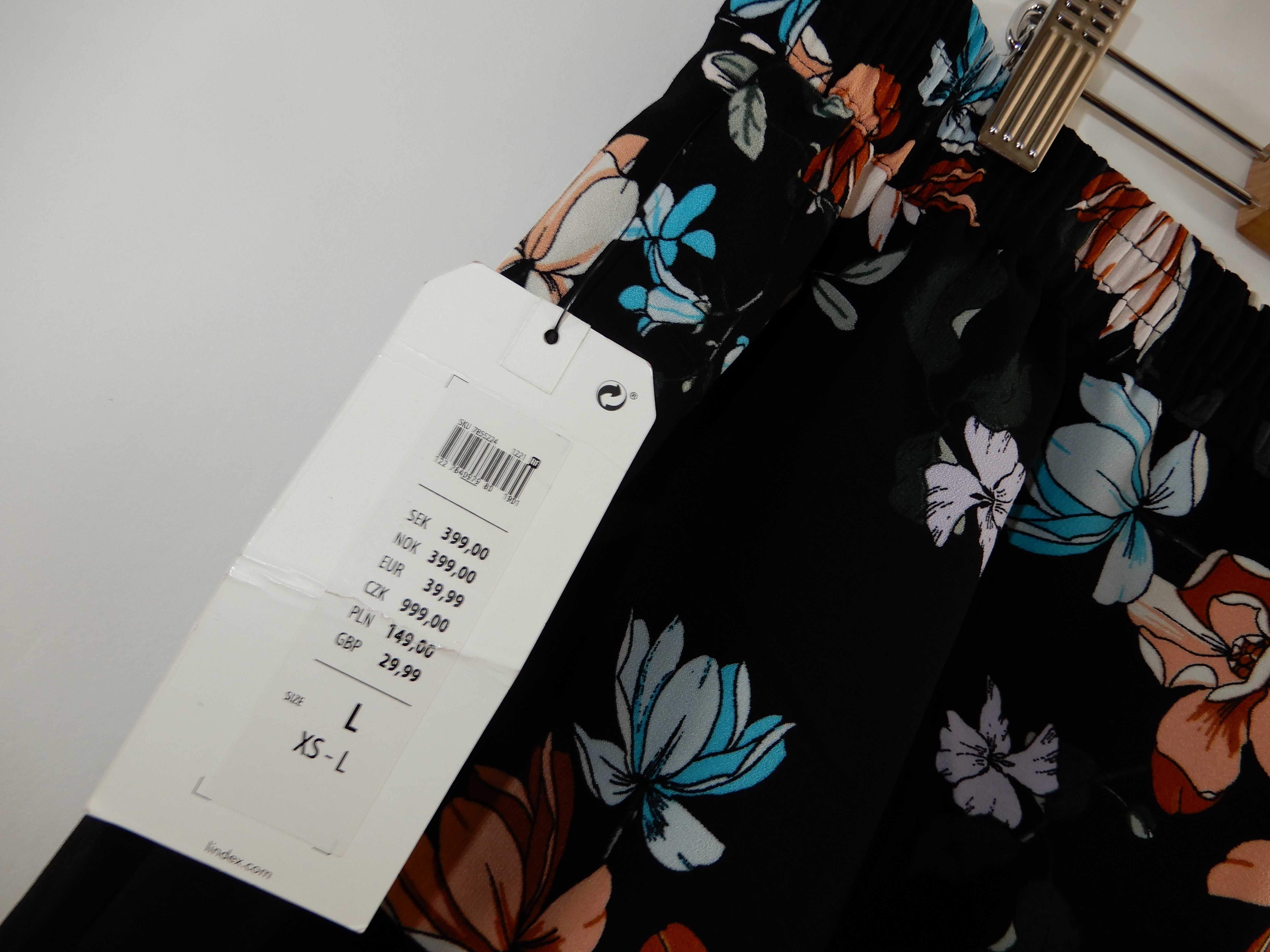 Spodnie proste długie kwiaty wysoki stan czarne multi AVA 40 42  L XL