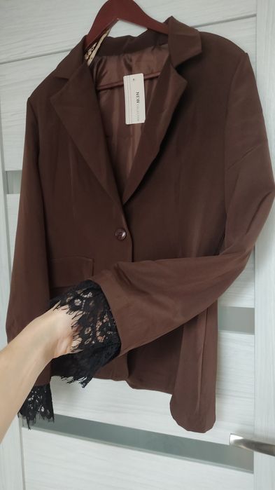 Marynarka L czekoladowy brąz brązowa z koronką