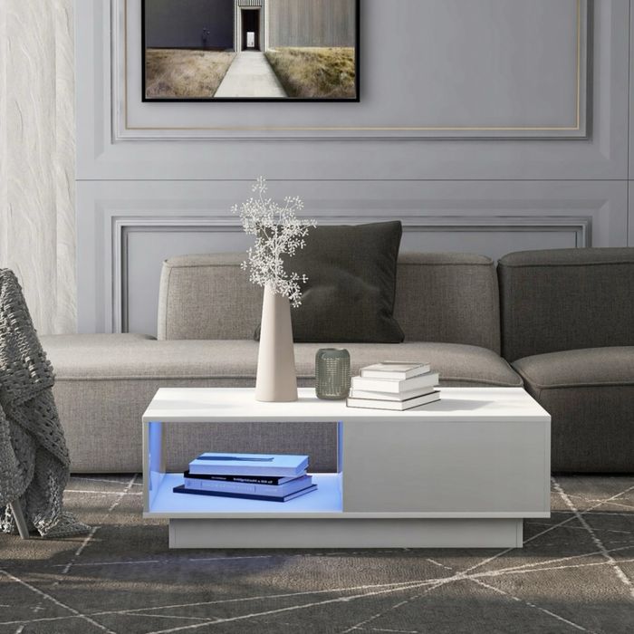 Stolik kawowy prostokątny 95x55x32 biały oświetlenie LED szuflada