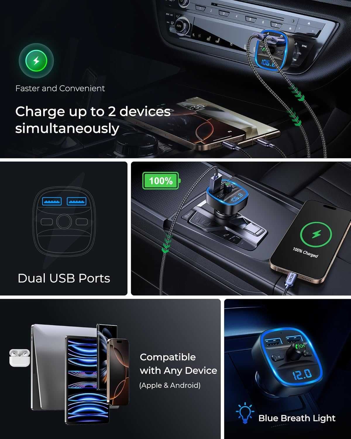 Transmiter FM Bluetooth 2xUSB microSD ładowarka LCD mikrofon, MP3,