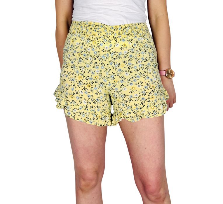Żółte wzorzyste szorty z falbanką S 36