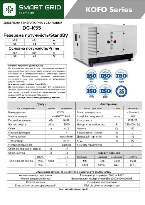 Генератор дизельний  55 кВА номінальна потужність  40 кВт з авр