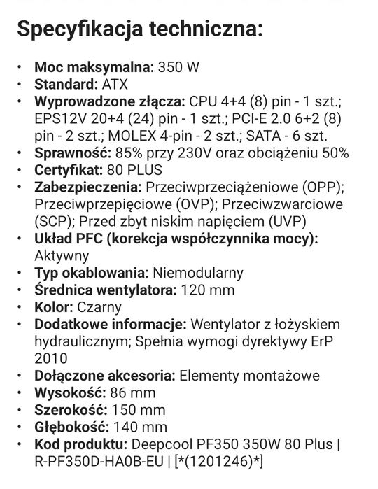 Zasilacz Deepcool pf 350