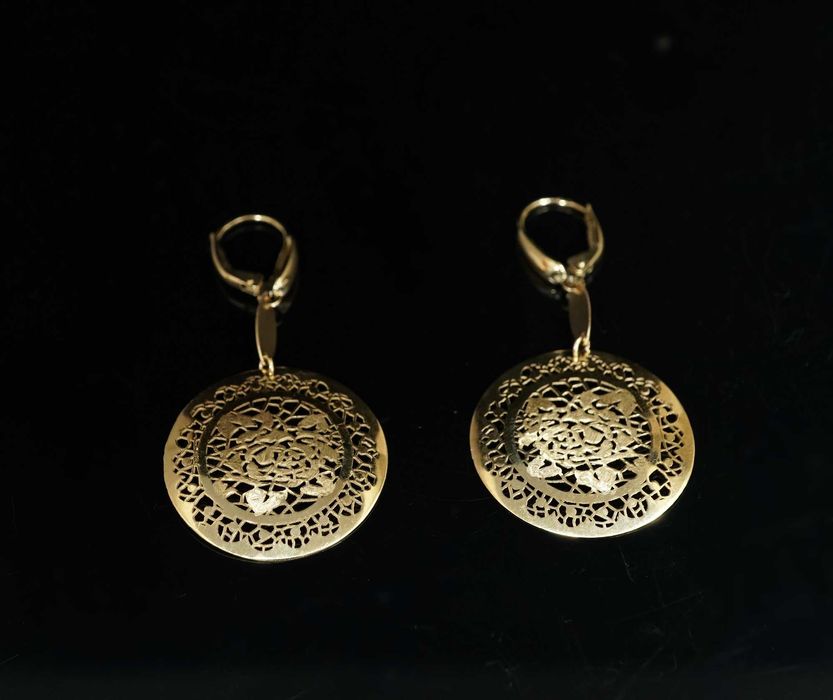 Złoto 585-złote kolczyki wiszące ażurowe koła