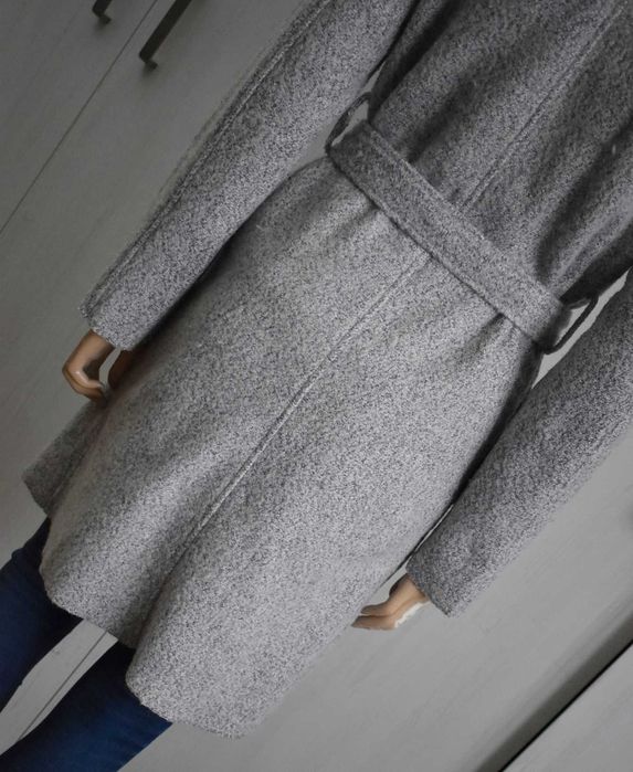 Płaszcz wełniany 34 XS szlafrokowy wiązany zimowy do kolan elegancki