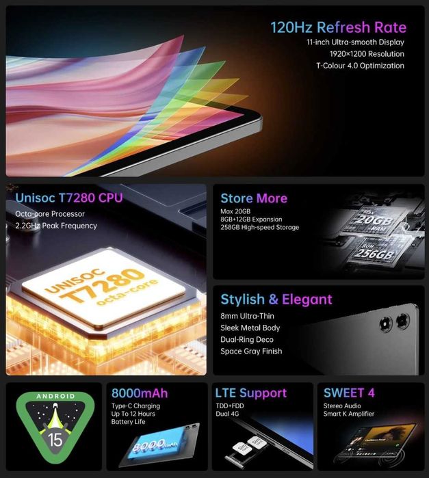 Планшет 2025 Teclast T50 Plus 11″ 120Hz, 8\256GB, Android 15, 4G LTE