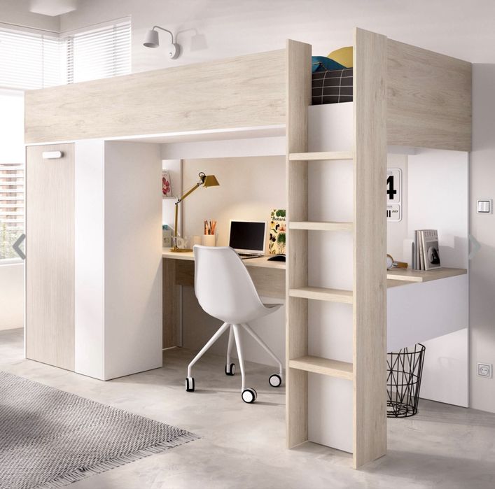 Cama alta com vestuário e secretária embutidos