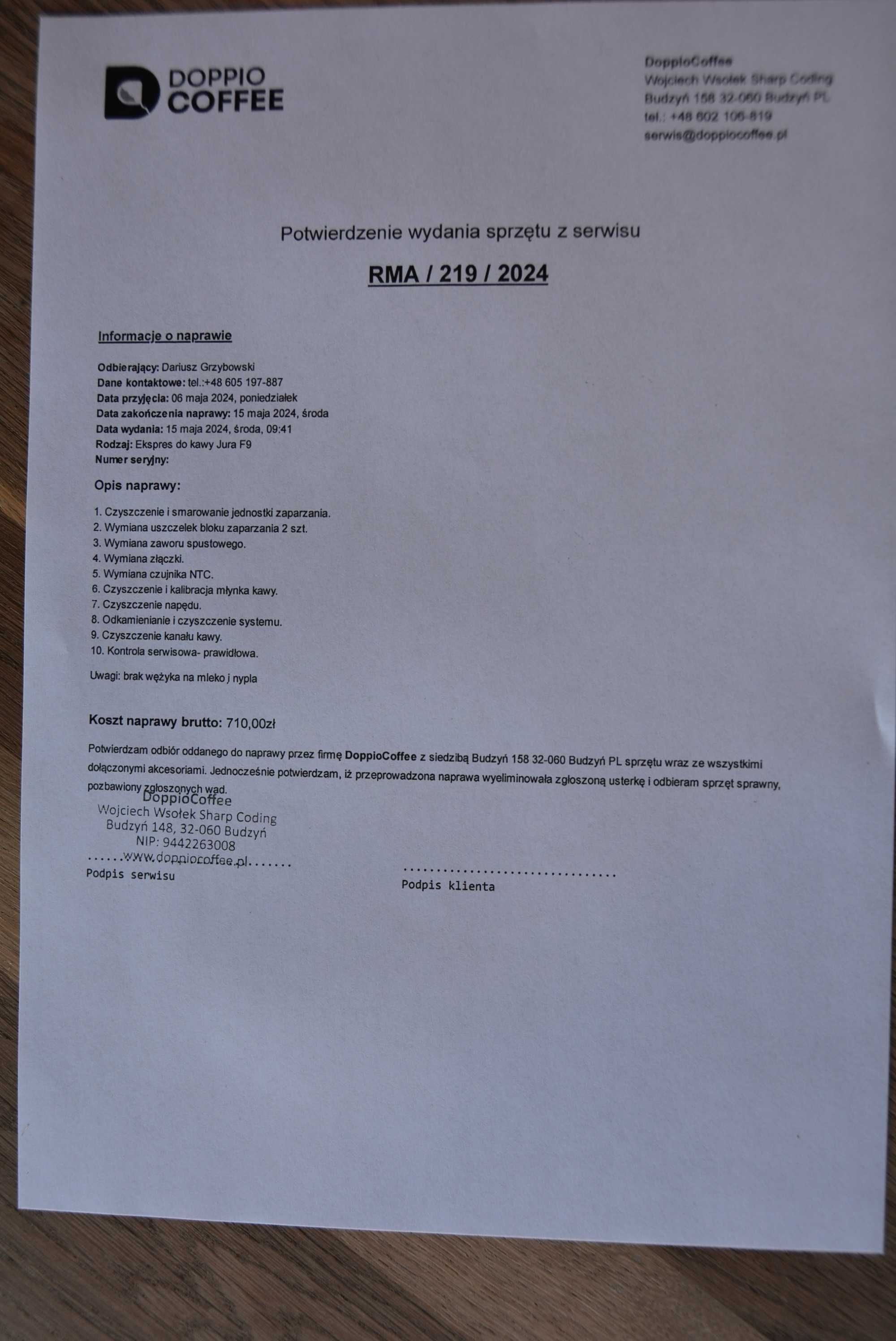Ekspres do kawy JURA model F9 z chłodziarką do mleka. Po serwisie