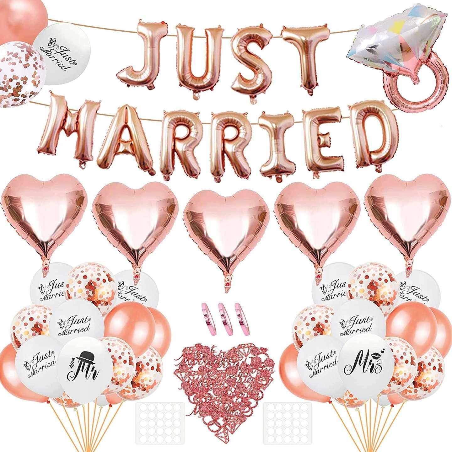 Balony dekoracja ślubna napis Just Married balony z konfetti zestaw 45