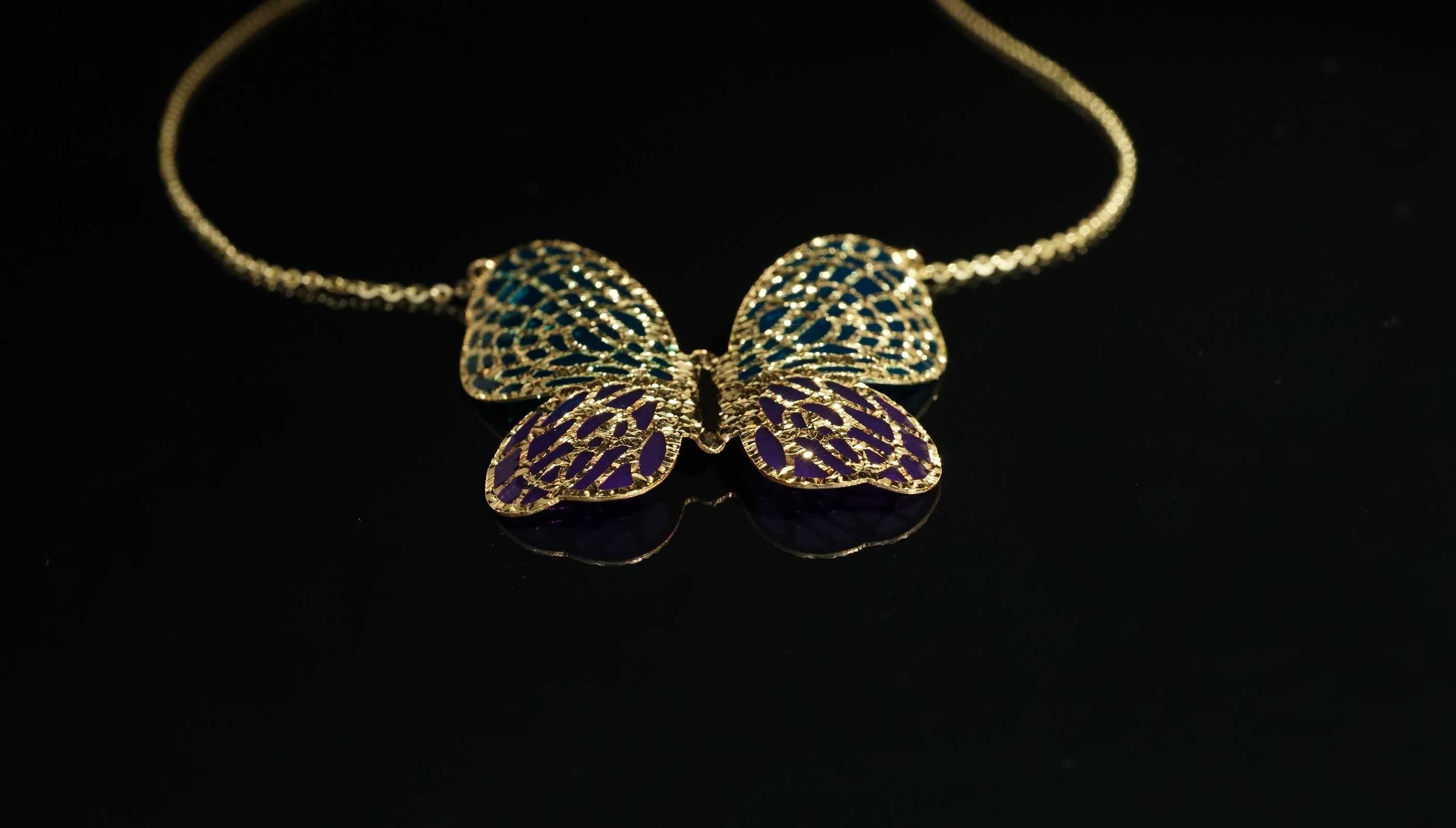 Złoto 585 - złoty komplet kolczyki łańcuszek Motyl Motyle