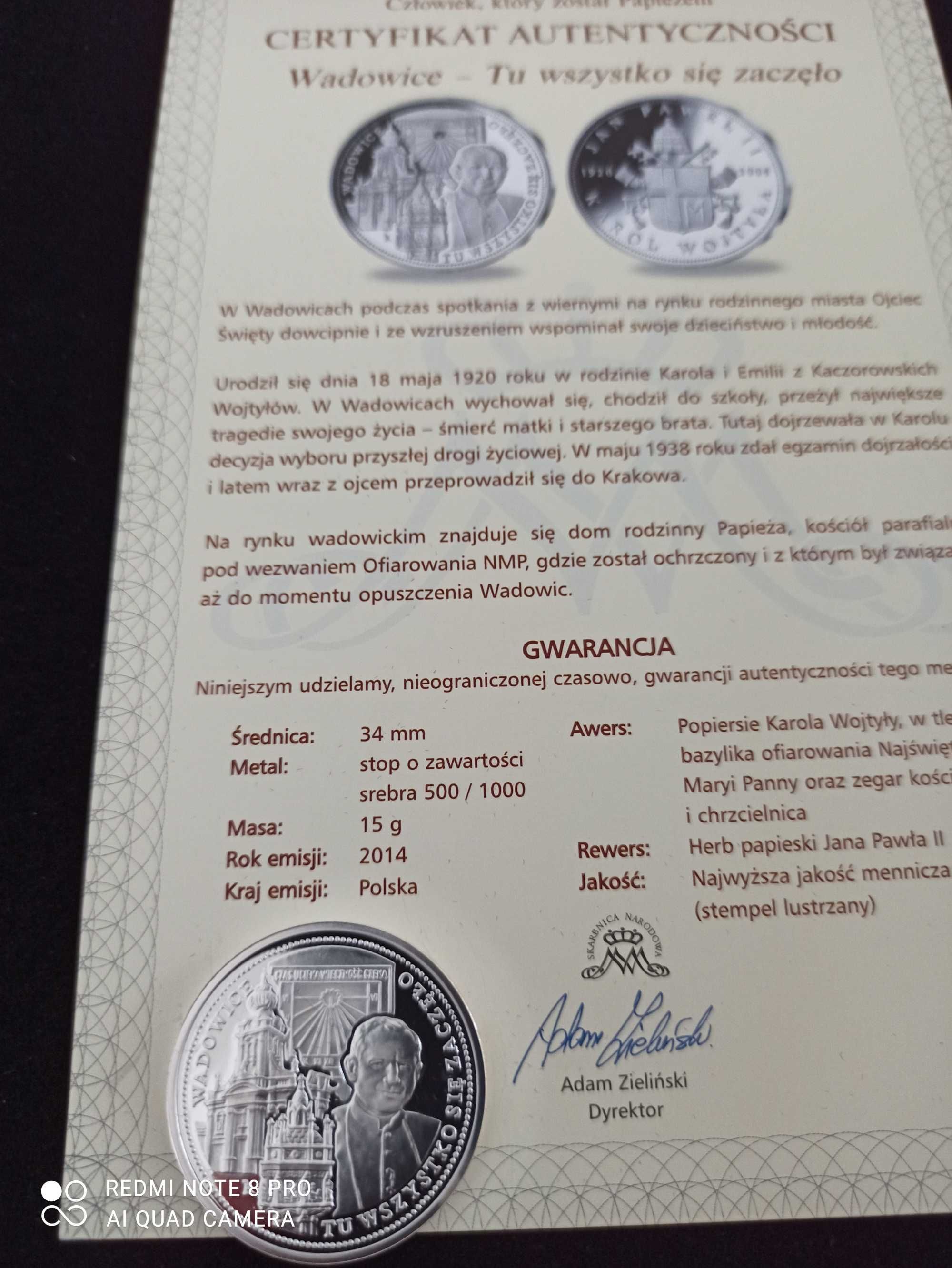 Srebro 500. Jan Paweł II Wadowice