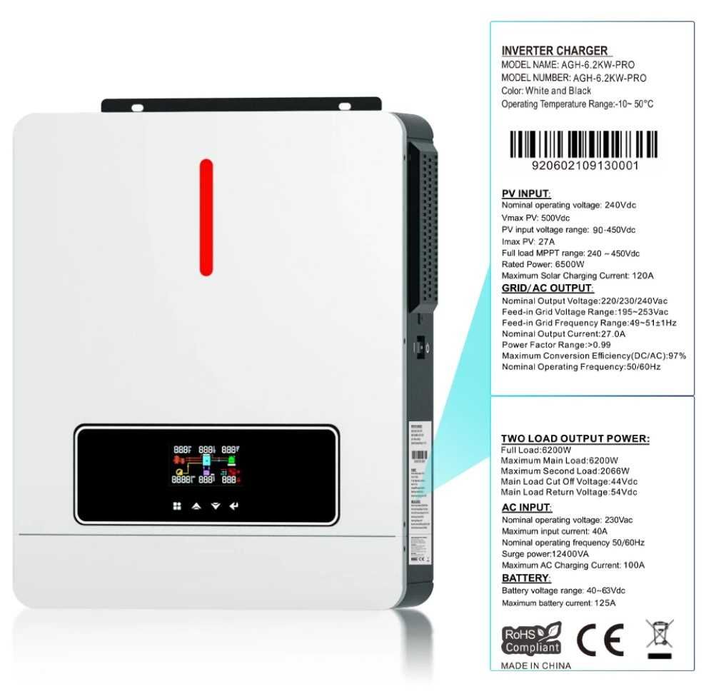 Гибридный Инвертор DAXTROMN 48V 6.2KW 6200W Заряд 120A LiFePO4