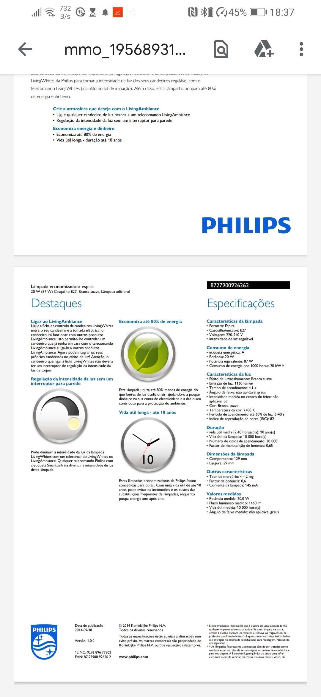 Lâmpada Philips Smartlink Living Wites Nova na caixa