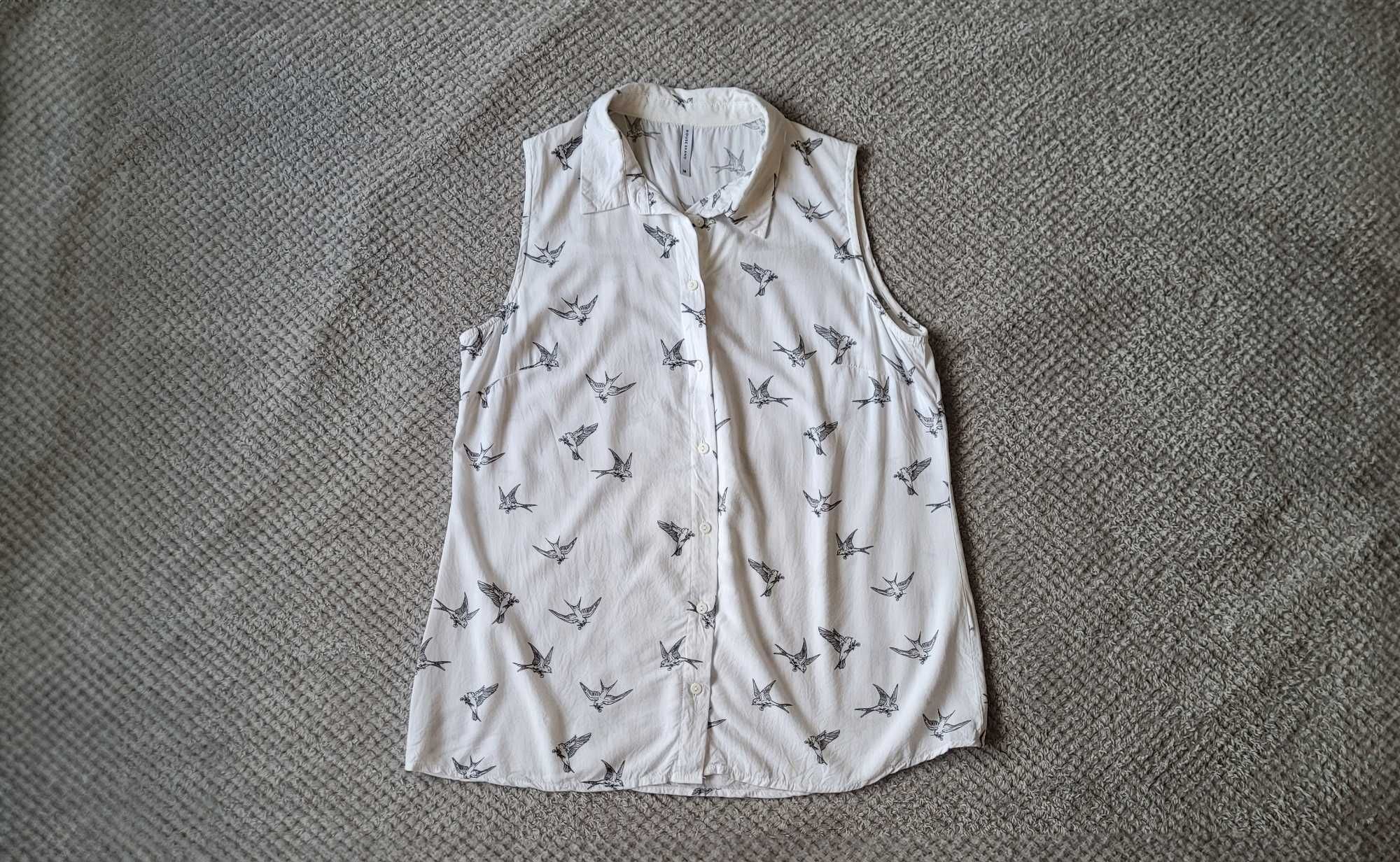 Biała bluzka bez rękawów, typu koszula, ptaki jaskółki, House Brand, M