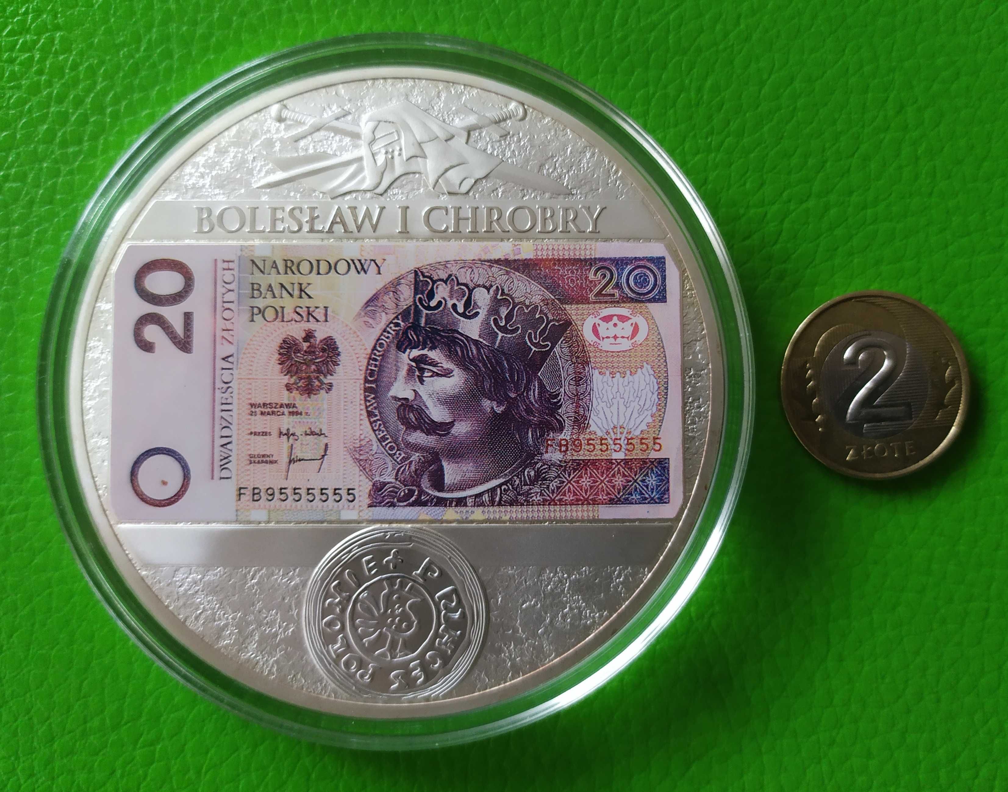 Medal 70 mm Srebro z Banknotem 20 zł Bolesław Chrobry + CERTYFIKAT
